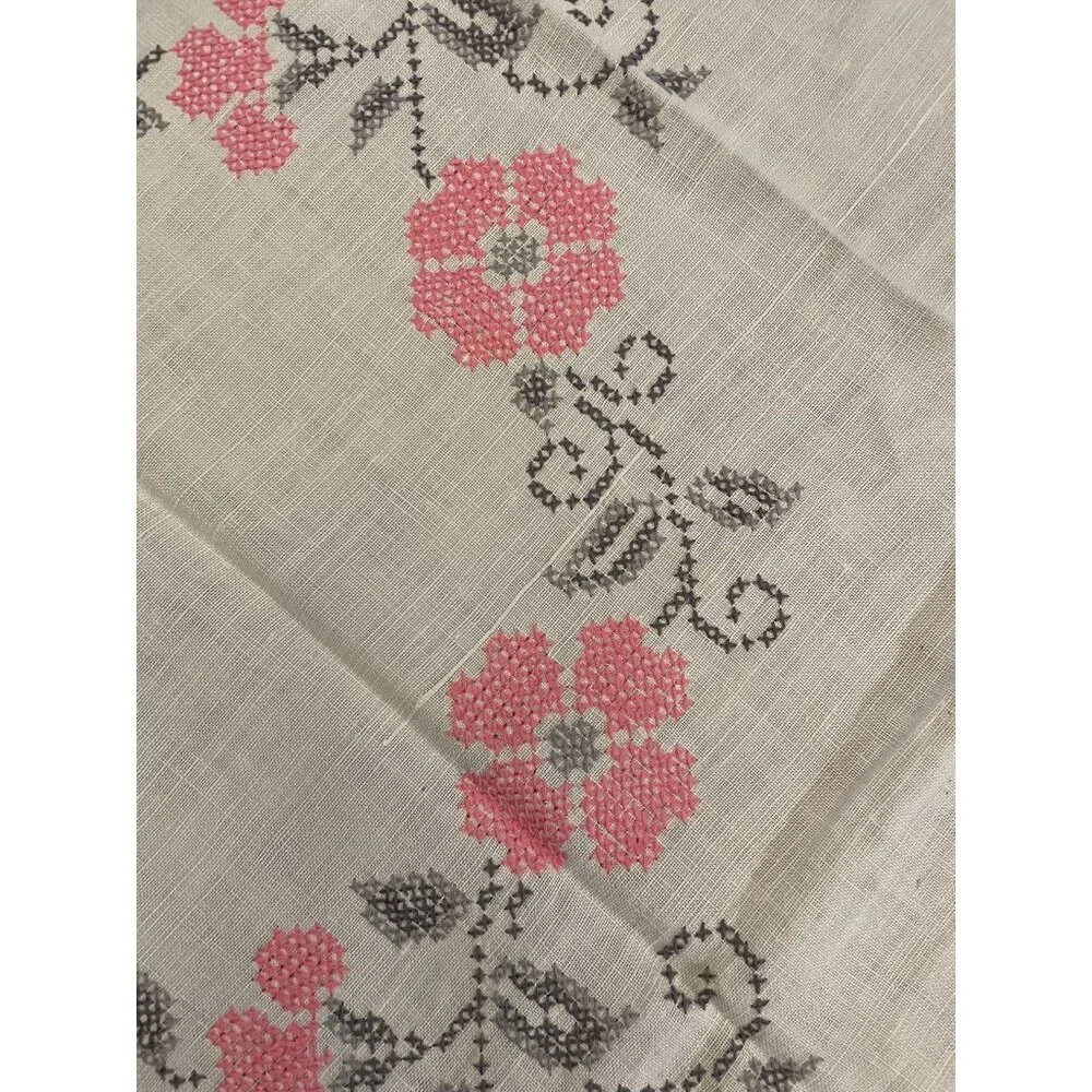 Vintage Cross Stitch Tablecloth Used Pink Gray